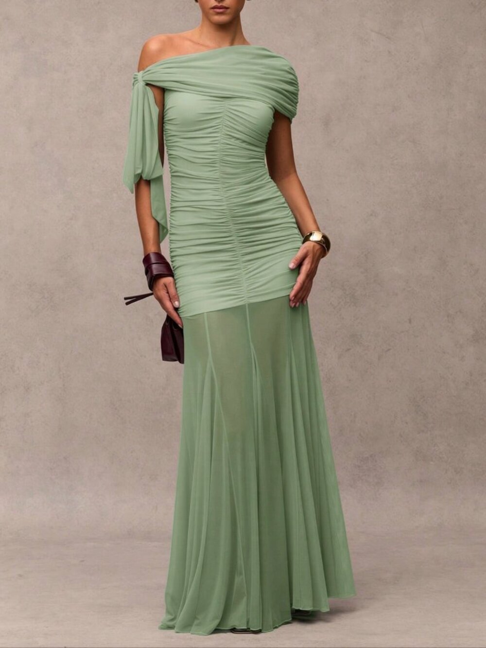 Mint Green Elegant Women's Asymmetric neckline maxi Dress - Picture 6 of 6